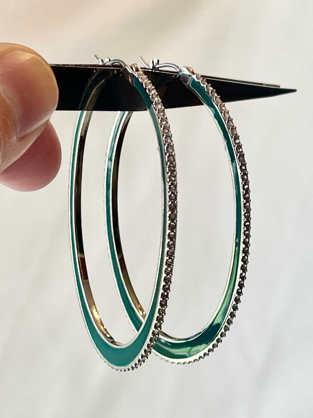 Vince Camuto Green Enamel Silver Tone Hoop Earrings with Crystal Trim